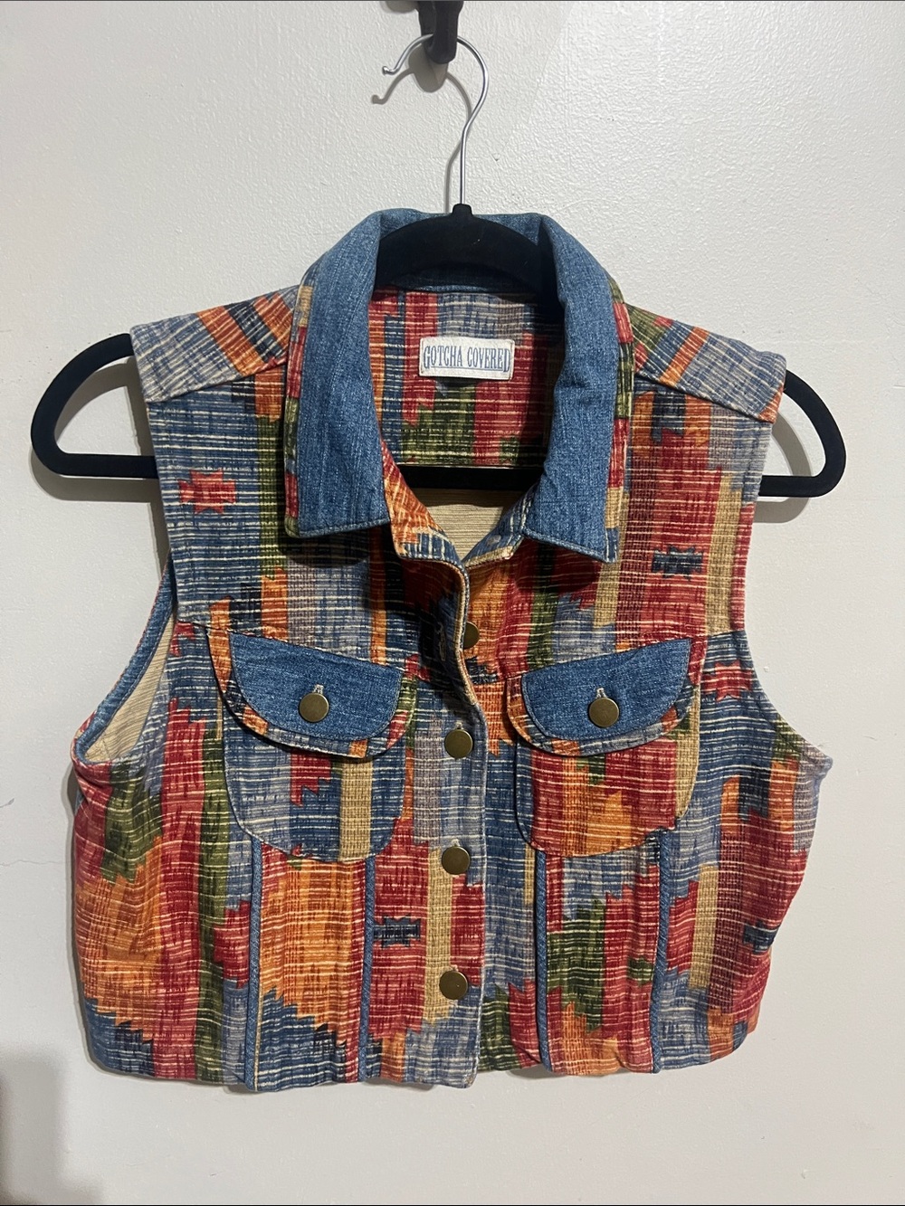 Gotcha Covered Vintage Multicolor Woven Cotton Tapestry Denim Trim Western Vest